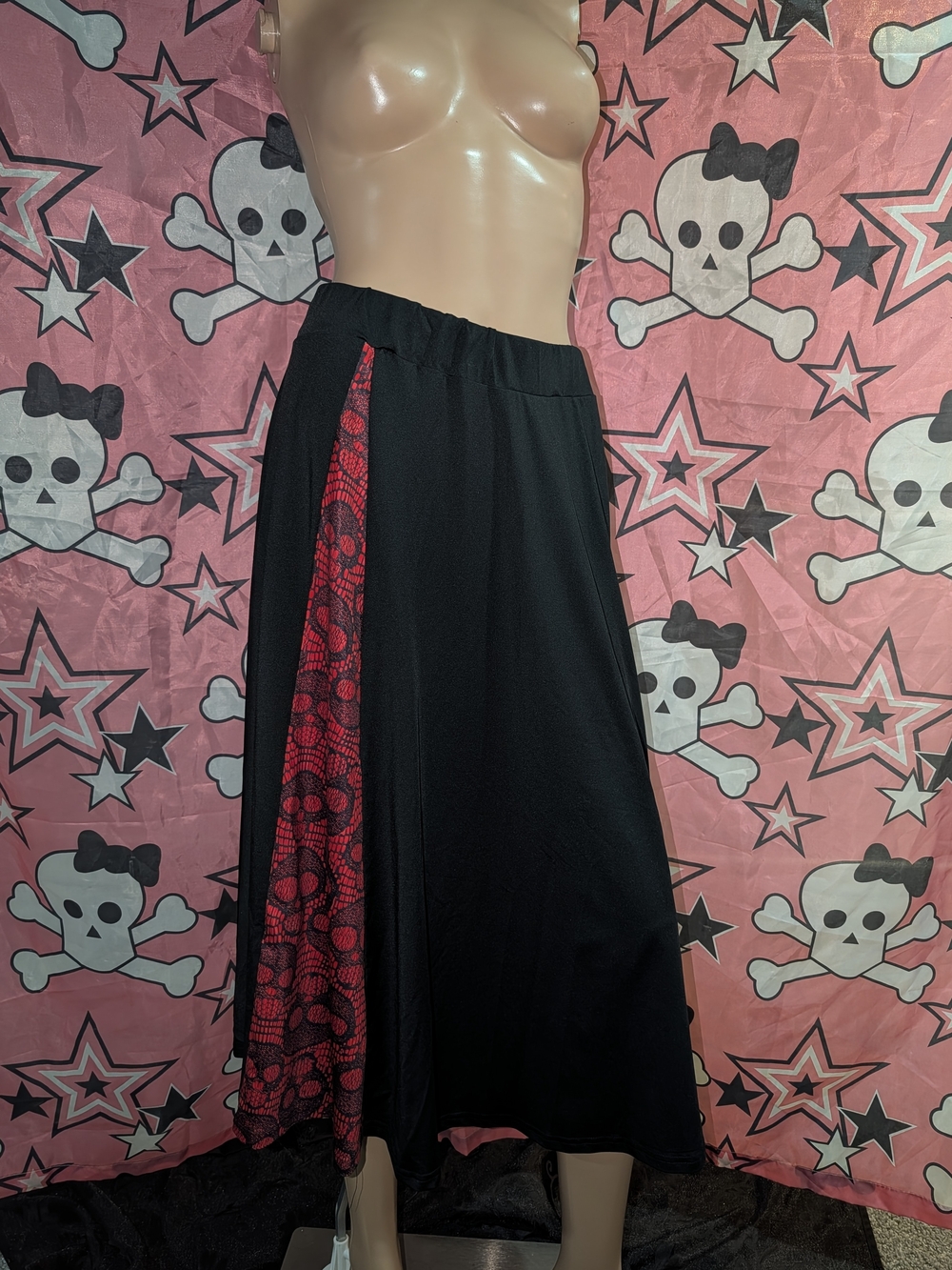 Black Skirt with Red Lace Panel - Women's Skirt